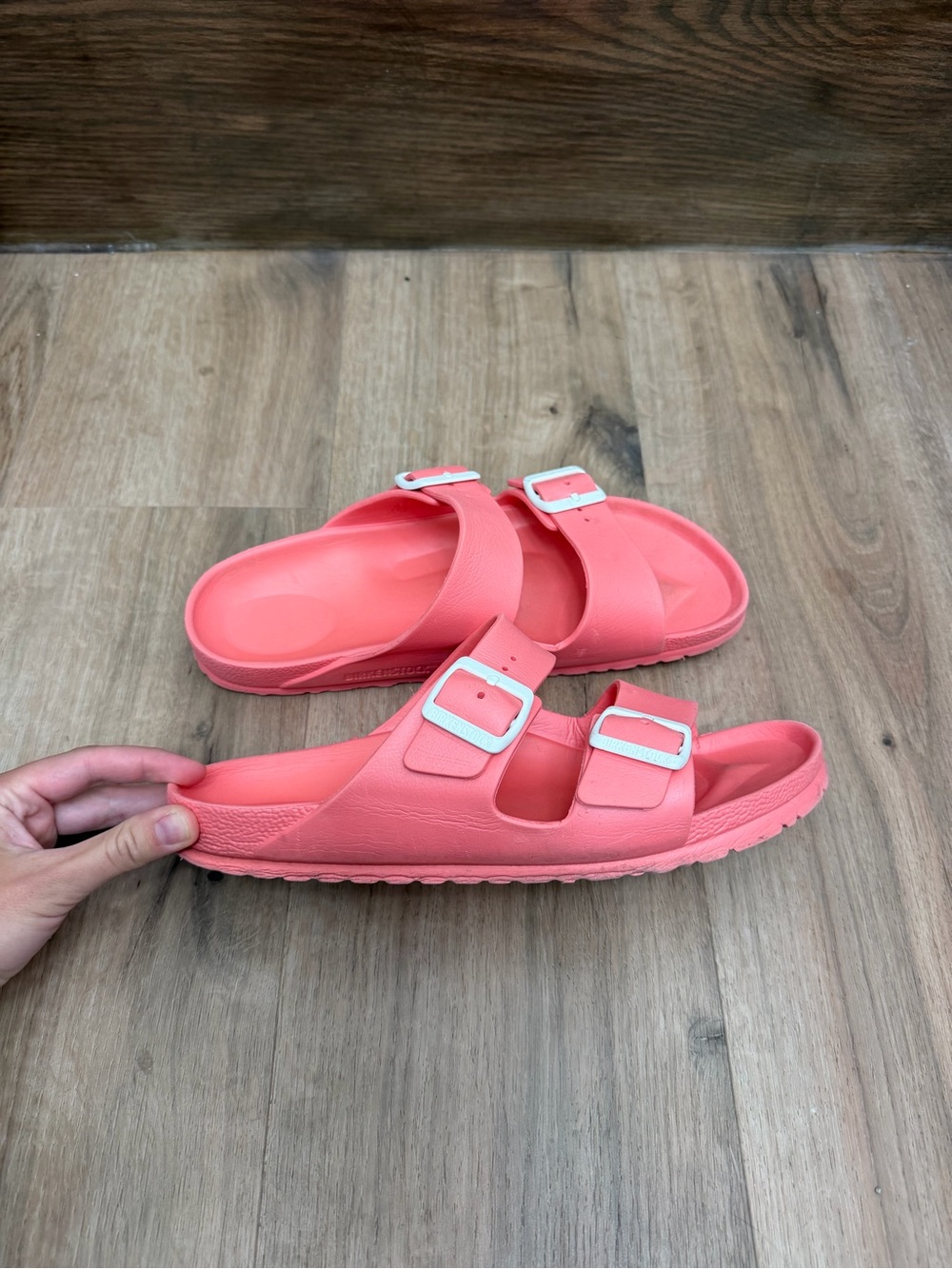 Birkenstock Two-Buckle Slide Sandals in Coral Pink